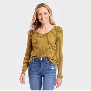 Khaki Long Sleeve Ribbed T-Shirt